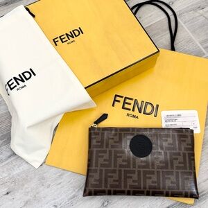 Fendi FF Motif Coated Canvas Leather Zipper Pouch Clutch